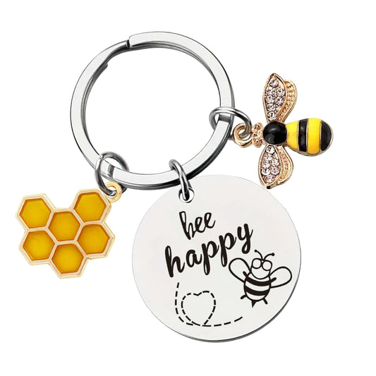 Bee Keychain Inspirational Keyring Gifts - Bee Keyrings Bee Charm Honey Key Ring Cute Bee Accessory Keyrings Bee Happy Keychain Gifts for Men Women Boys Girls Bag Purse Wallet Handbags Backpack