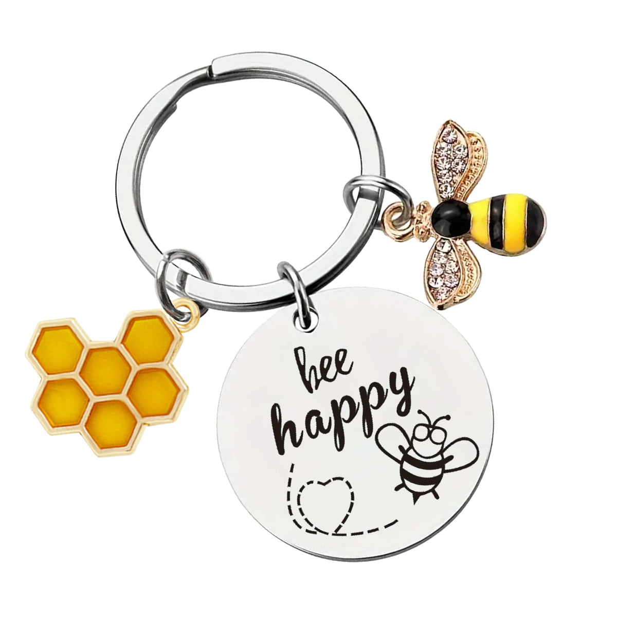 Bee Keychain Inspirational Keyring Gifts - Bee Keyrings Bee Charm Honey Key Ring Cute Bee Accessory Keyrings Bee Happy Keychain Gifts for Men Women Boys Girls Bag Purse Wallet Handbags Backpack
